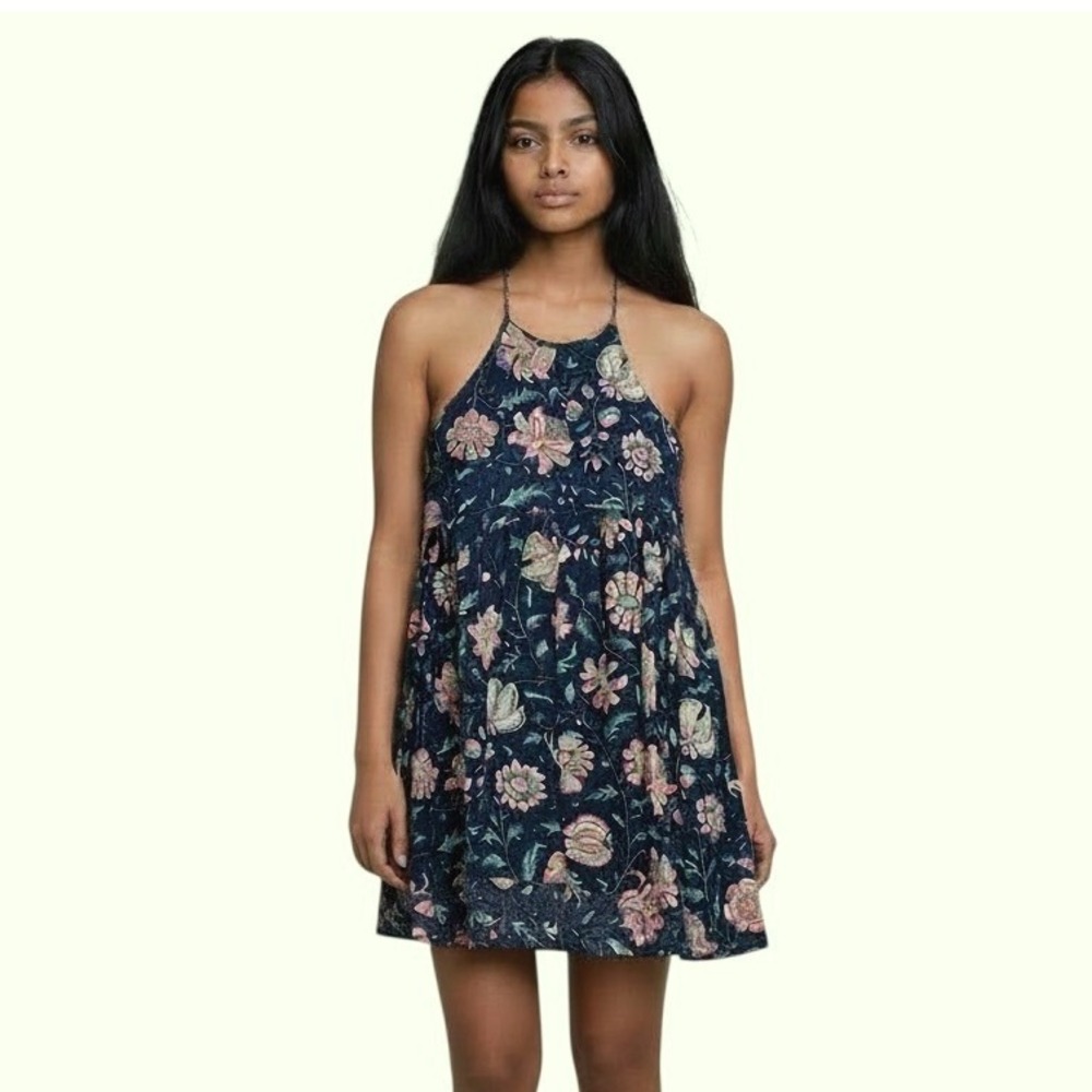 Entro Floral Halter Mini Dress Large Navy Blue Boho Babydoll Pockets Cottagecore